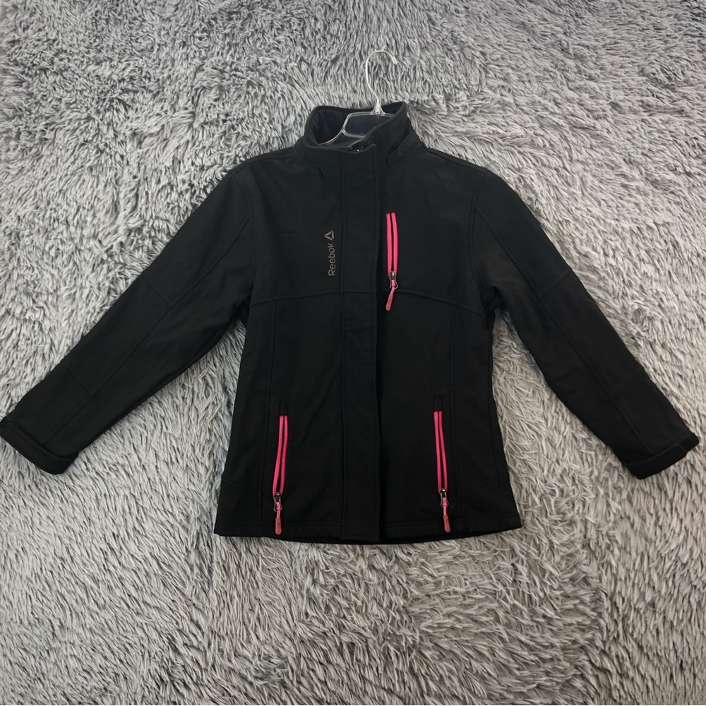 Reebok Jacket Girls Medium Black Pink Rain Resistant Pockets Fleece Lined